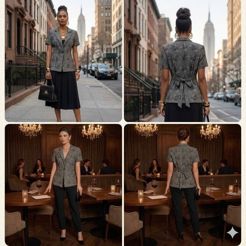 Blazer Top 9/10 Grey Black Floral Tapestry ShortSleeve Casual Elegant Office 90s